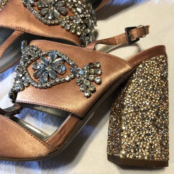 ASOS Shoes SATIN Size 7 Embellished Block Heels.Ankle strap,Pink Papaya Color. - Picture 7 of 8